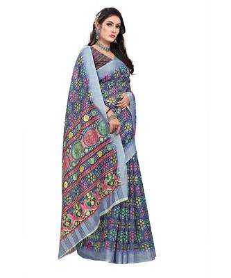 Purple printed cotton silk saree with blouse 4