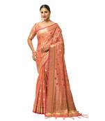 Peach woven silk blend saree with blouse