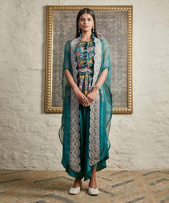 Peacock Green Fan Sharara Cape 1