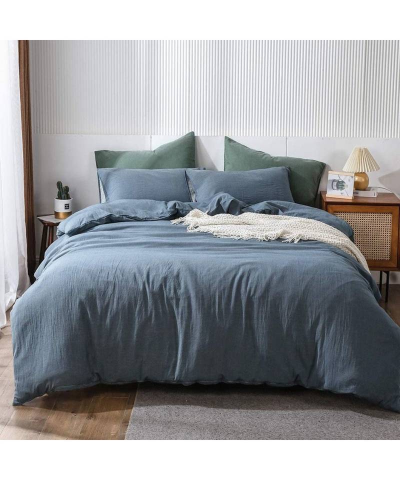 3 Pieces Set Washed Cotton  Boho Bedding 100% Cotton Exclusive  Uo Bedding Queen size  Grey Blue Duvet