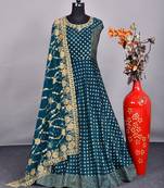 Peacock Blue Embroidered Silk Semi-Stitched Anarkali Salwar Kameez