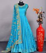 Sky Blue Embroidered Silk Semi-Stitched Anarkali Salwar Kameez