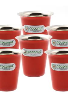 Coconut Stainless Steel Rampatra Red Colour Glass For Tea / Coffee - Set of 6 (Capacity - 200ml)