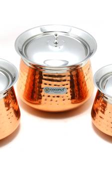 Coconut Athens Hammered Outer Copper & Inner Steel Cookware Handi with Lids   3 Units (Capacity   1400, 2000 & 2500 ML)