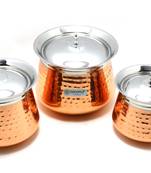 Coconut Athens Hammered Outer Copper & Inner Steel Cookware Handi with Lids   3 Units (Capacity   1400, 2000 & 2500 ML)