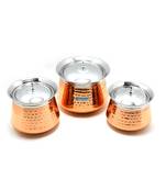 Coconut Athens Hammered Outer Copper & Inner Steel Cookware Handi with Lids   3 Units (Capacity   500, 850 & 1400 ML)