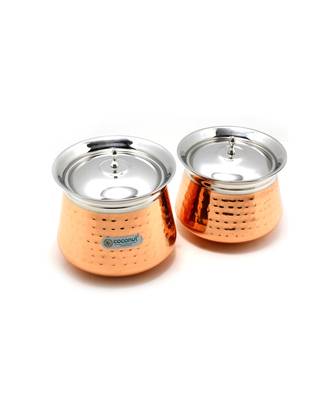 Coconut Athens Hammered Outer Copper & Inner Steel Cookware Handi with Lids   2 Units (Capacity   500 & 850 ML) 1