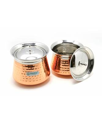 Coconut Athens Hammered Outer Copper & Inner Steel Cookware Handi with Lids   2 Units (Capacity   500 & 850 ML) 2