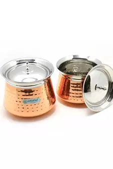 Coconut Athens Hammered Outer Copper & Inner Steel Cookware Handi with Lids   2 Units (Capacity   500 & 850 ML)