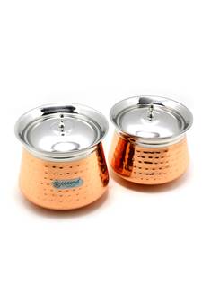 Coconut Athens Hammered Outer Copper & Inner Steel Cookware Handi with Lids   2 Units (Capacity   2000 & 2500 ML)