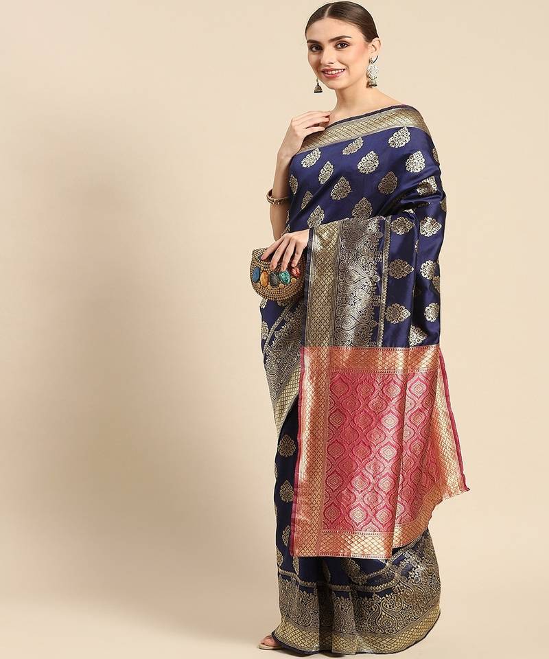 Navy Blue Woven Design Silk Blend Saree With Unstitched Blouse Piece