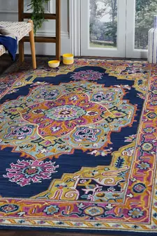 NAVY Wool BOHO 7.6X9.6 Feet  Hand-Tufted by Saraswati Global