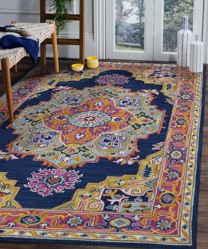 NAVY Wool BOHO 7.6X9.6 Feet  Hand-Tufted by Saraswati Global