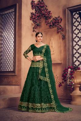Dark green Embroidered Net Semi Stitched Lehenga Choli With Dupatta 1