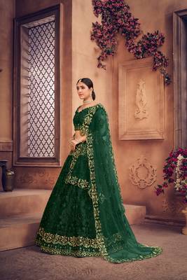 Dark green Embroidered Net Semi Stitched Lehenga Choli With Dupatta 2