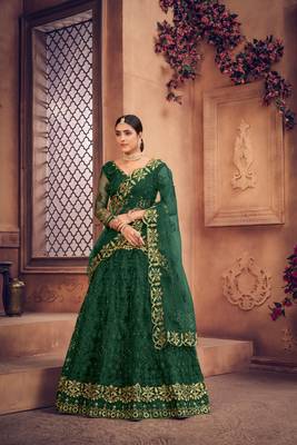 Dark green Embroidered Net Semi Stitched Lehenga Choli With Dupatta 3