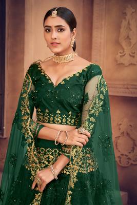 Dark green Embroidered Net Semi Stitched Lehenga Choli With Dupatta 4