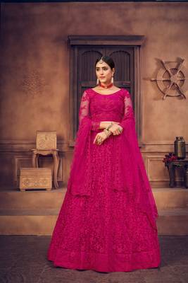 Pink Embroidered Net Semi Stitched Lehenga Choli With Dupatta 3