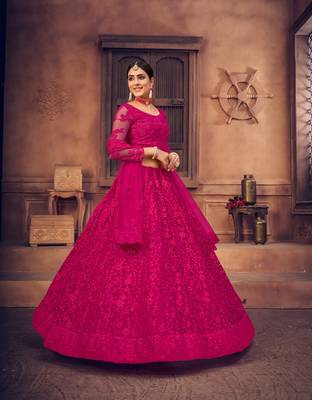 Pink Embroidered Net Semi Stitched Lehenga Choli With Dupatta 4