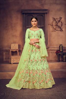 Light Green Embroidered Net Semi Stitched Lehenga Choli With Dupatta 1