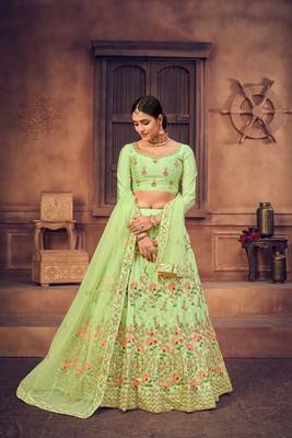 Light Green Embroidered Net Semi Stitched Lehenga Choli With Dupatta 2