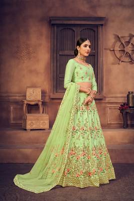Light Green Embroidered Net Semi Stitched Lehenga Choli With Dupatta 3