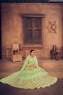 Light Green Embroidered Net Semi Stitched Lehenga Choli With Dupatta 4