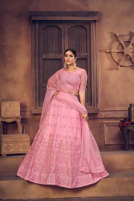 Pink Taffeta Silk Net Semi Stitched Lehenga Choli With Dupatta 1