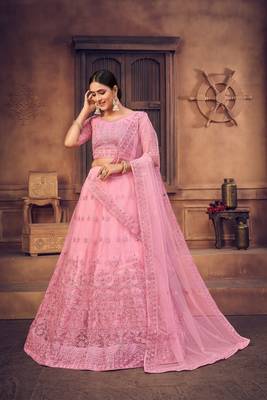 Pink Taffeta Silk Net Semi Stitched Lehenga Choli With Dupatta 2