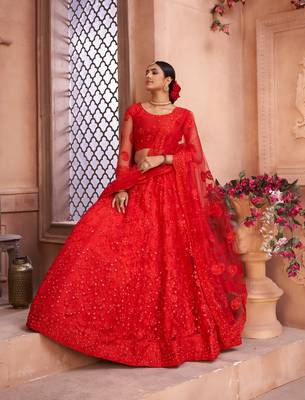 Red Net Semi Stitched Lehenga Choli With Dupatta 1