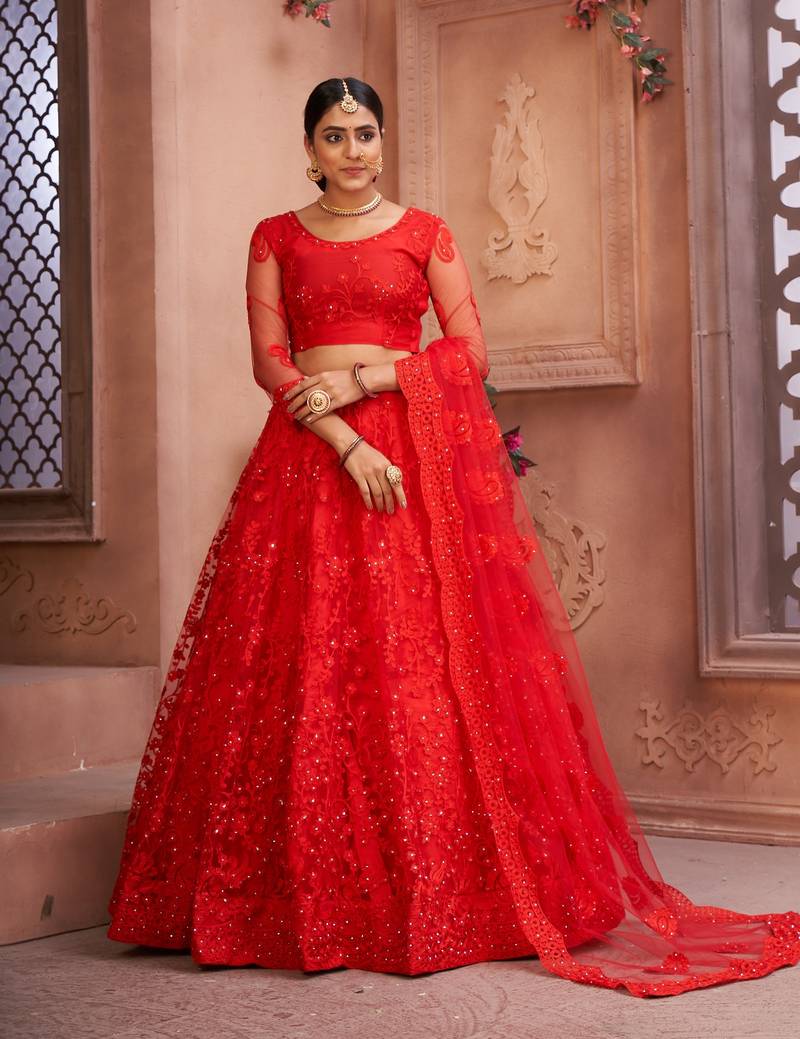 Red Net Semi Stitched Lehenga Choli With Dupatta
