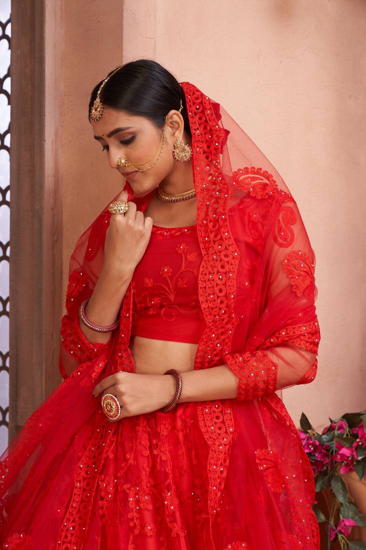 Red Net Semi Stitched Lehenga Choli With Dupatta