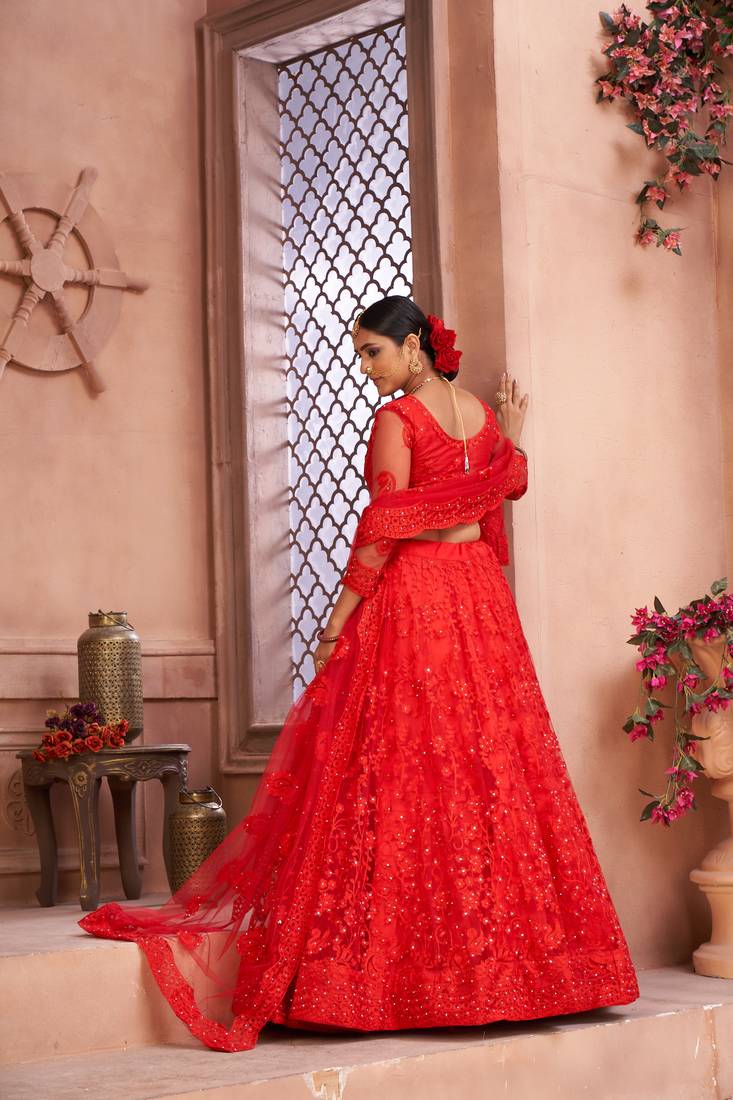 Red Net Semi Stitched Lehenga Choli With Dupatta