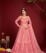 Pink Net Embroidered  Semi Stitched Lehenga Choli With Dupatta