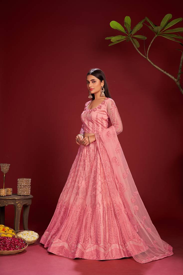 Pink Net Embroidered  Semi Stitched Lehenga Choli With Dupatta