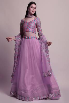 Purple Mirror Lace Net Semi Stitched Lehenga Choli With Dupatta 1