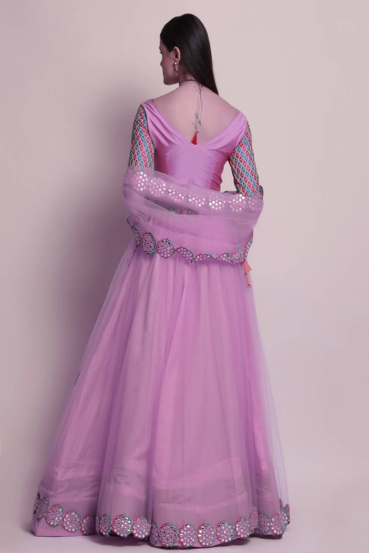 Purple Mirror Lace Net Semi Stitched Lehenga Choli With Dupatta