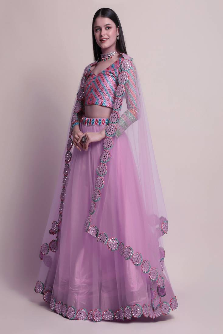 Purple Mirror Lace Net Semi Stitched Lehenga Choli With Dupatta