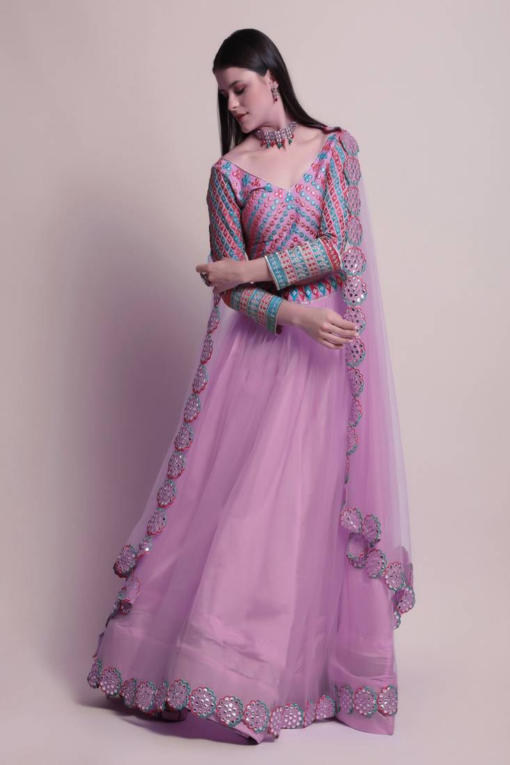 Purple Mirror Lace Net Semi Stitched Lehenga Choli With Dupatta
