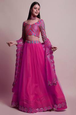 DarkPink Mirror Lace Net Semi Stitched Lehenga Choli With Dupatta 1