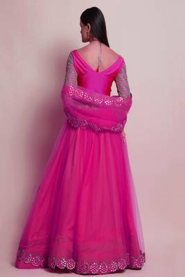 DarkPink Mirror Lace Net Semi Stitched Lehenga Choli With Dupatta 2