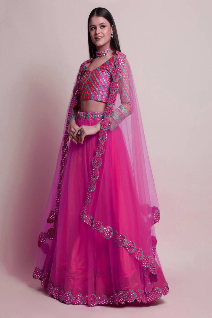 DarkPink Mirror Lace Net Semi Stitched Lehenga Choli With Dupatta