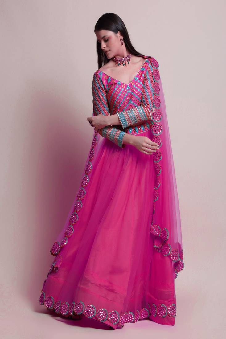 DarkPink Mirror Lace Net Semi Stitched Lehenga Choli With Dupatta
