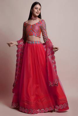 Red Mirror Lace Net Semi Stitched Lehenga Choli With Dupatta 1