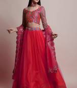 Red Mirror Lace Net Semi Stitched Lehenga Choli With Dupatta