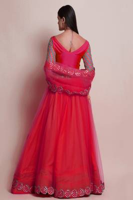 Red Mirror Lace Net Semi Stitched Lehenga Choli With Dupatta 2