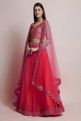 Red Mirror Lace Net Semi Stitched Lehenga Choli With Dupatta 3