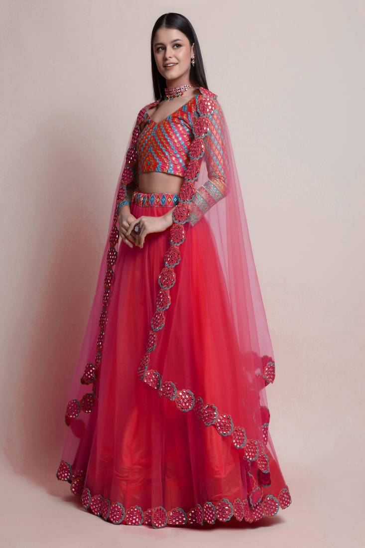 Red Mirror Lace Net Semi Stitched Lehenga Choli With Dupatta