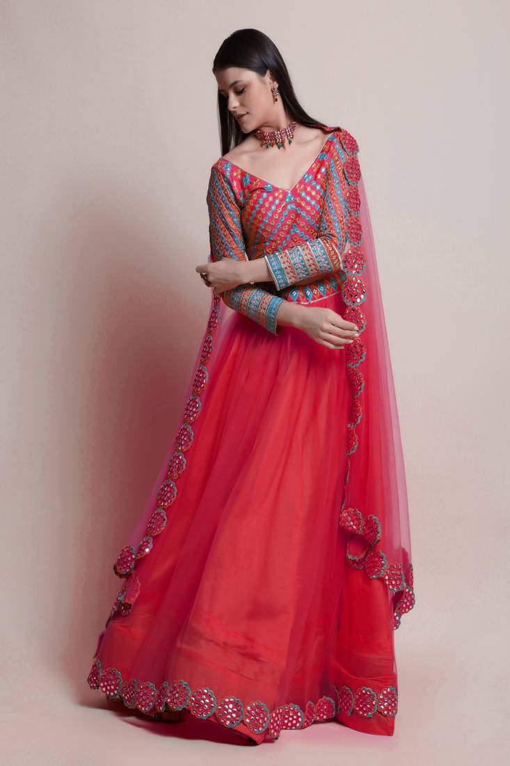Red Mirror Lace Net Semi Stitched Lehenga Choli With Dupatta