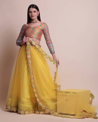 Yellow Mirror lace Net  Semi Stitched Lehenga Choli With Dupatta 1